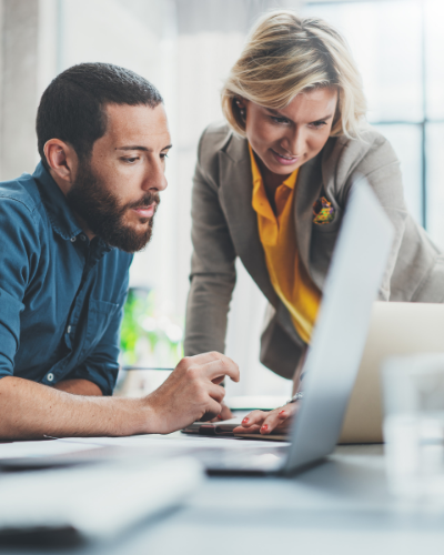 Consultant and client looking at screen