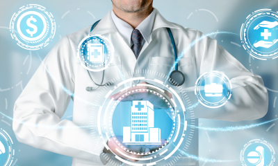 Photo of doctor overlaid with investment images