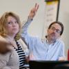 Healthcare professional listening during meeting